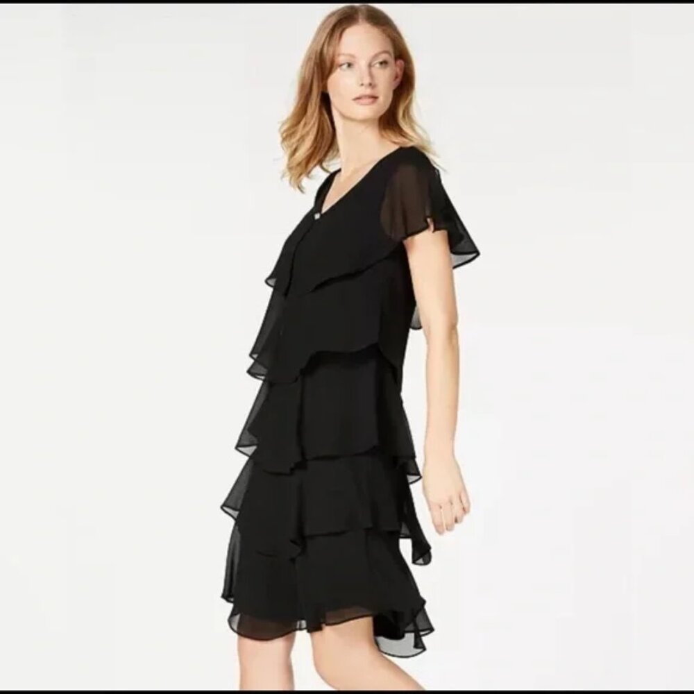 Patra Romantic Flutter Sleeve Tiered Chiffon Dress 16 Black Cocktail Retro Event